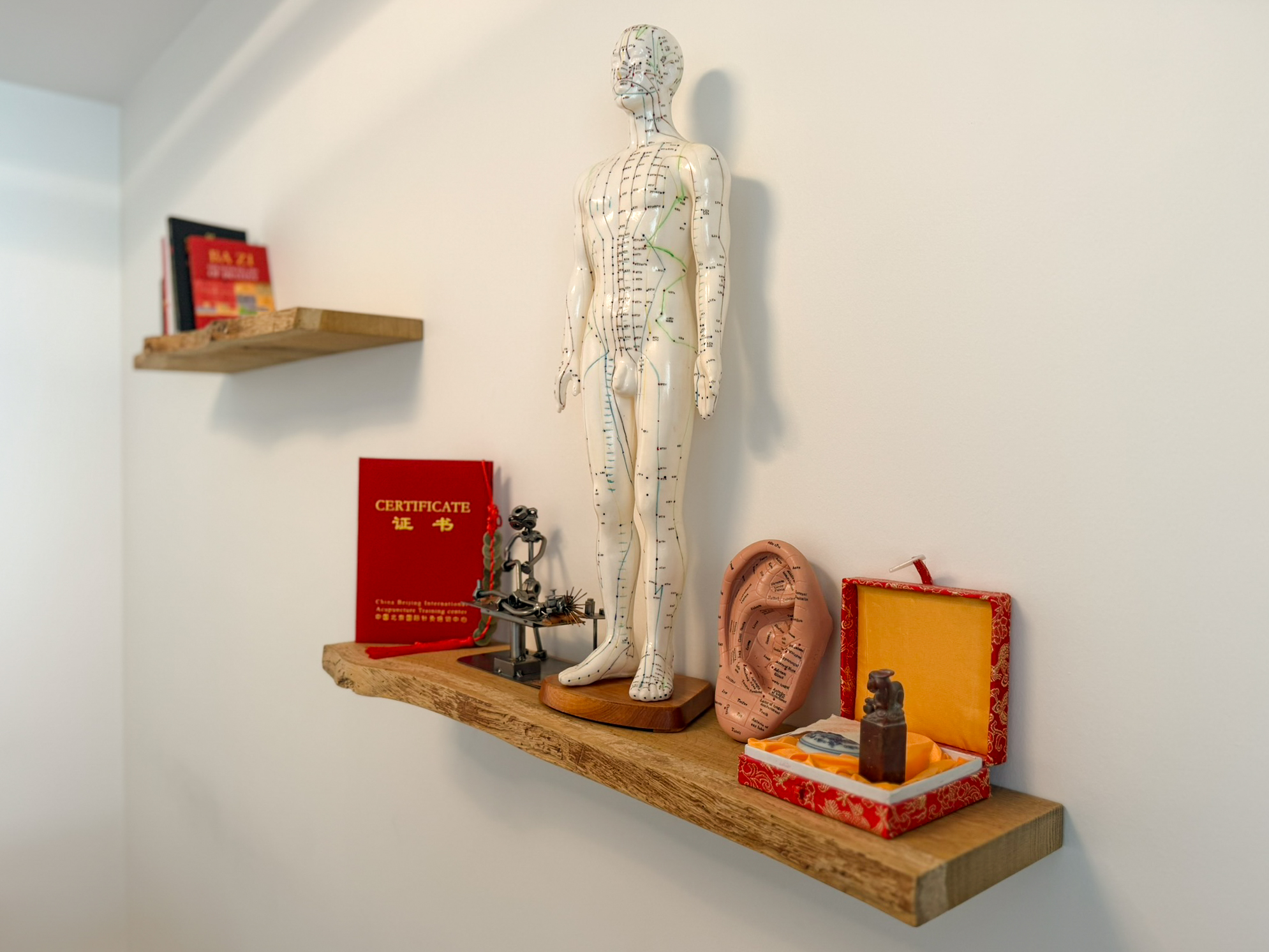 Acupunctuur tools en meridiaanfiguur in de praktijk van QINE